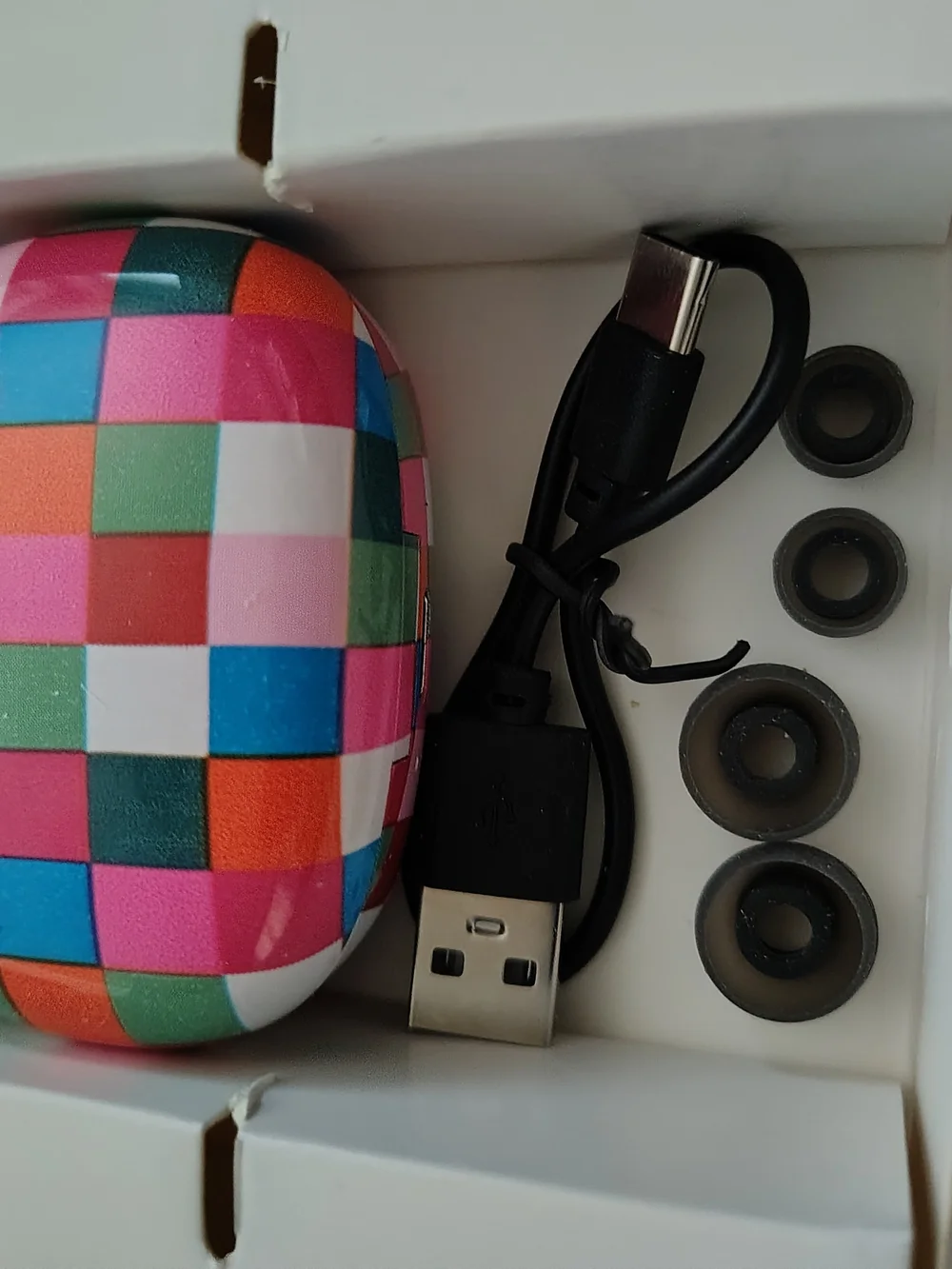Wireless Earphones with Charging Case - White Earbuds & Multicolor Case